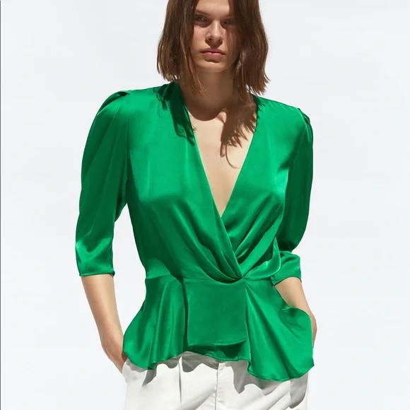 FLASH SALE NWT Zara Green Satin Wrap Top - Picture 1 of 11